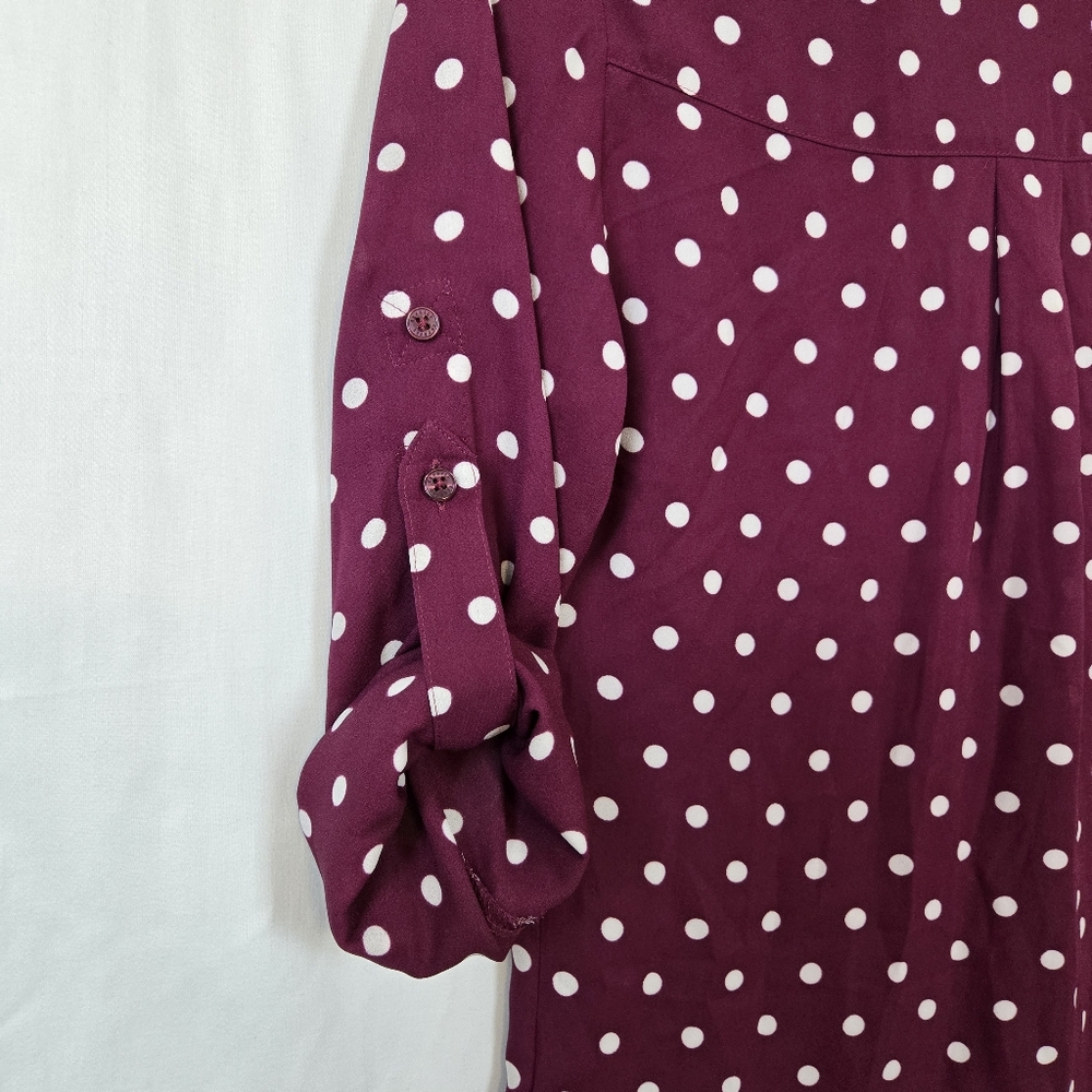 Express Womens Slim Fit Portofino Burgundy Polka Dot Long Sleeve Chiffon‎ Top XS - Picture 8 of 10